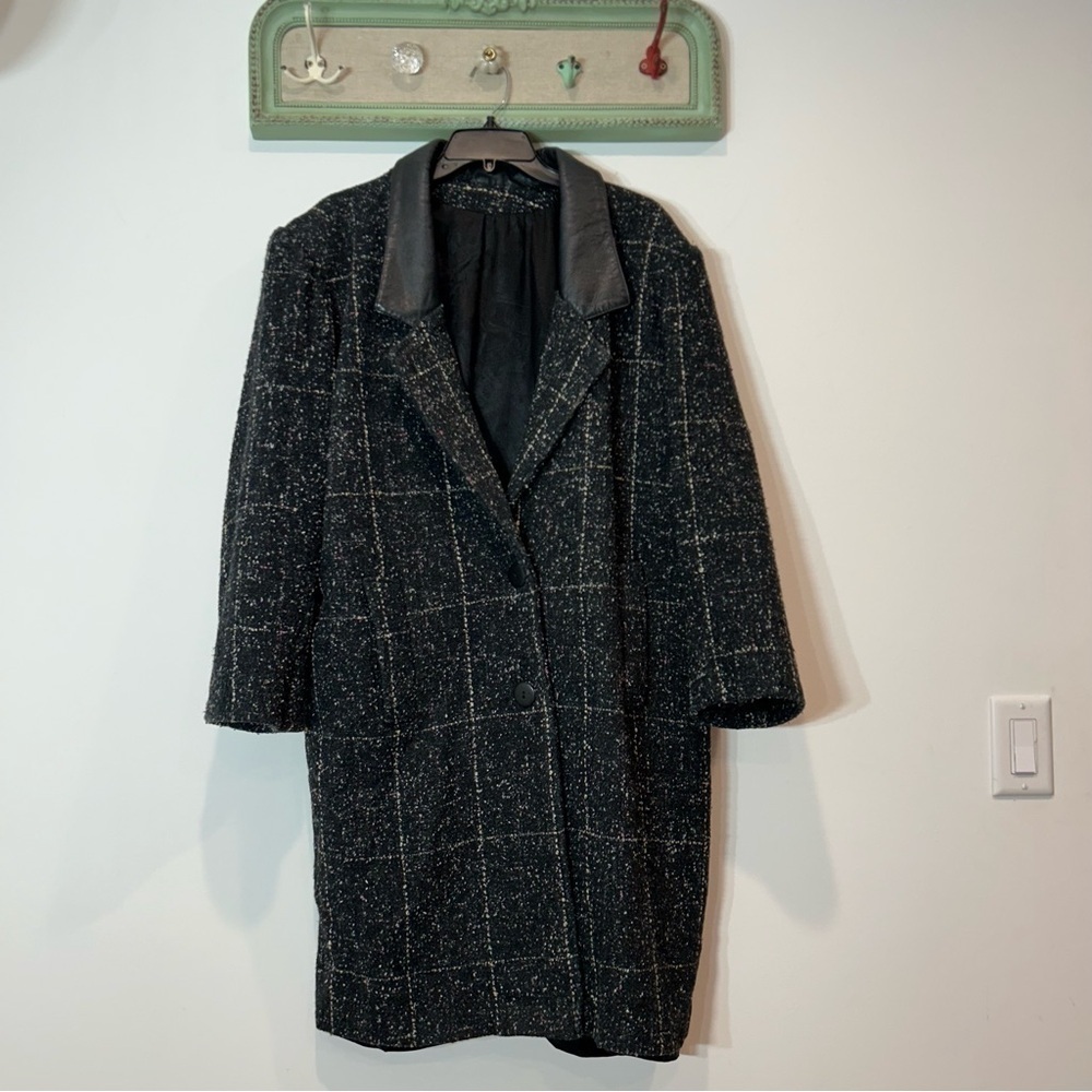 Vintage 80s HaVoc Tweed Genuine Leather Long line blazer Trench Jacket black 14